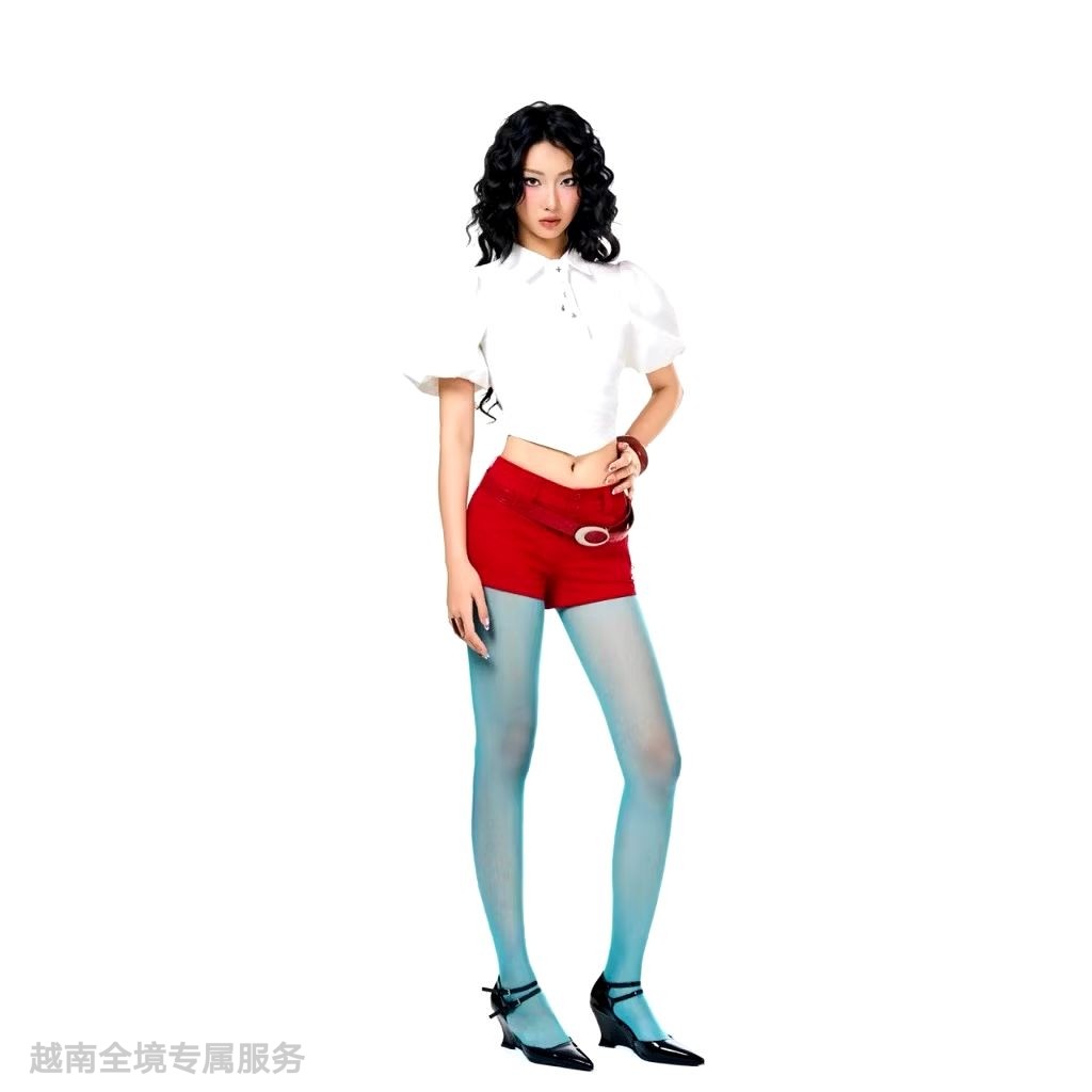 越在线越南小众flabebe干净邻家女孩甜美可爱泡泡袖短款衬衫