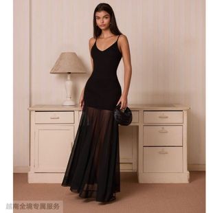 越在线越南小众vii时尚 显瘦长裙 性感网纱拼接吊带连衣裙修身