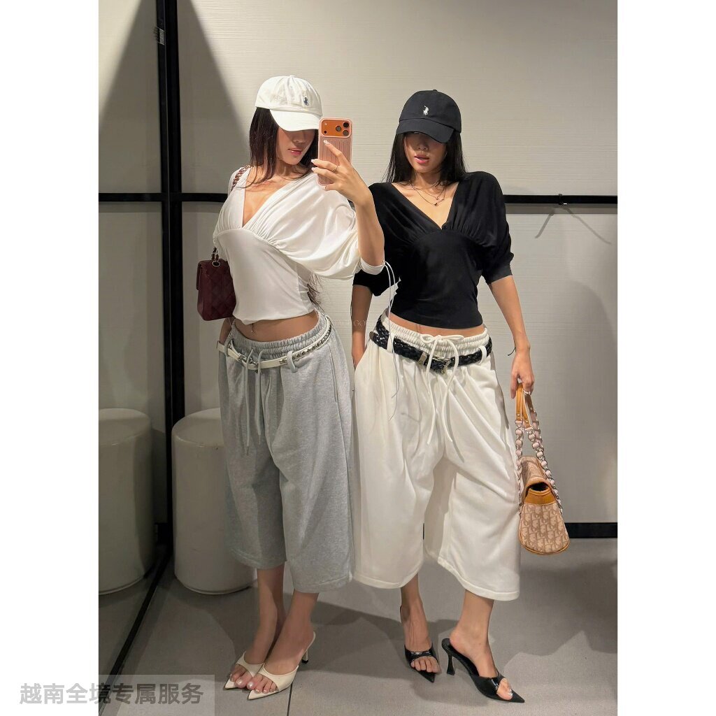 越在线越南小众vintagegout新款收腰V领中袖上衣+宽松阔腿裤套装