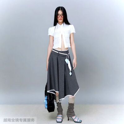 越在线越南小众sodope简约蕾丝花边短袖上衣不规则裙摆半身裙