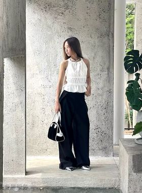 越在线越南小众品牌Cuddle新款纯色褶皱无袖背心宽松休闲阔腿裤