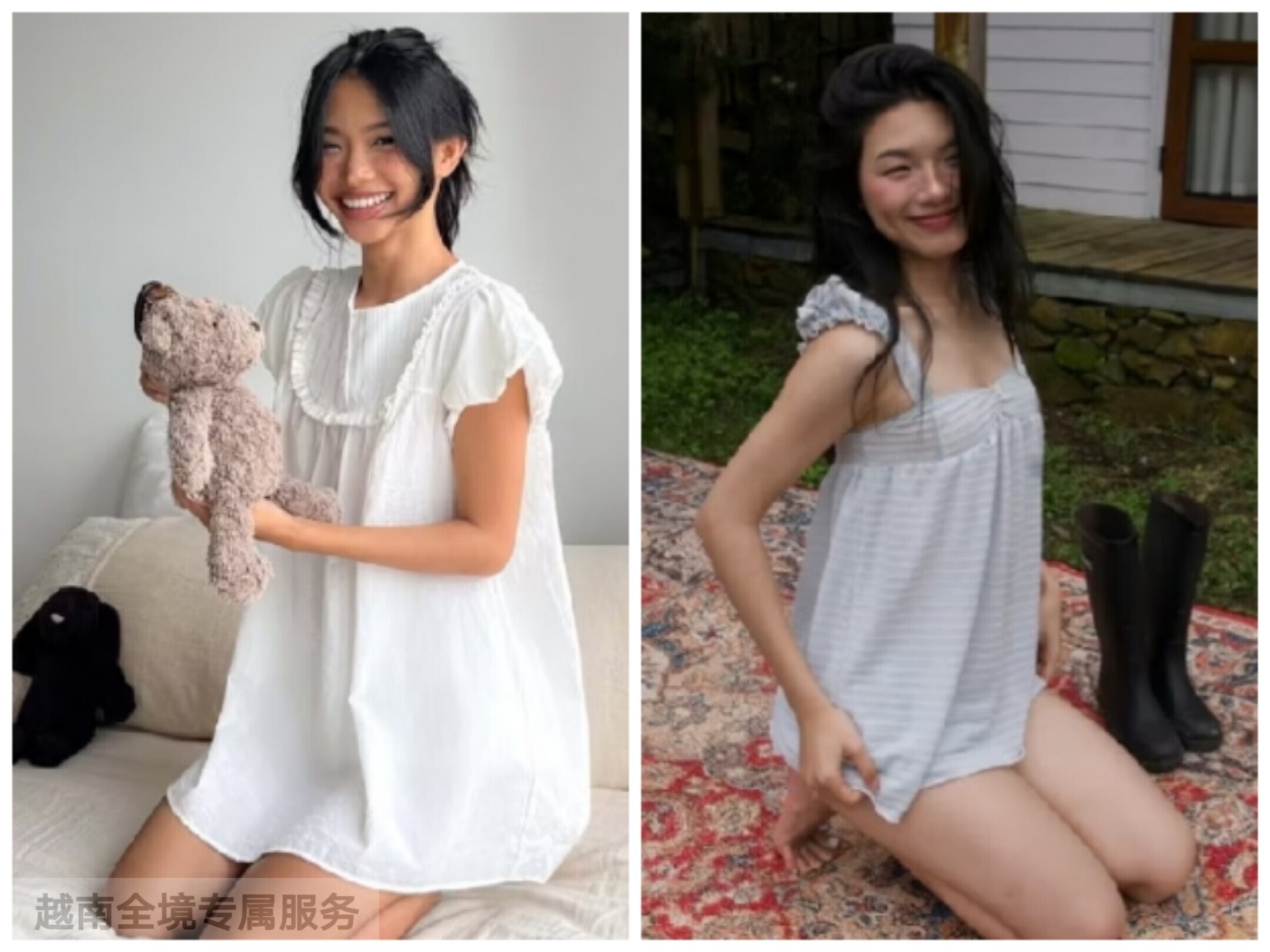 越在线越南小众onsra新款小清新甜美圆领泡泡袖娃娃裙+吊带娃娃裙