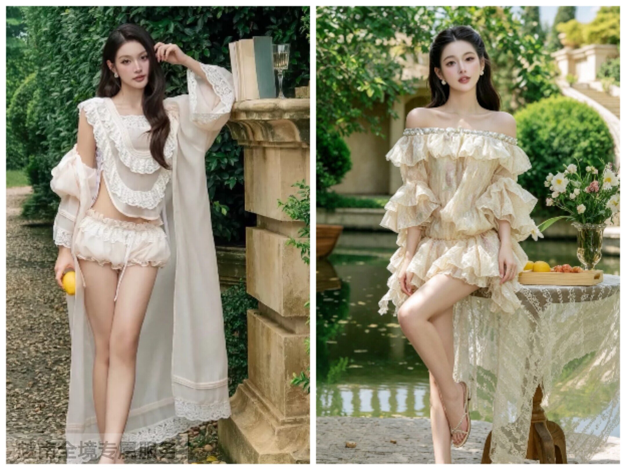 越在线越南小众theswan新款性感蕾丝透视四件套+抹胸短裙套装