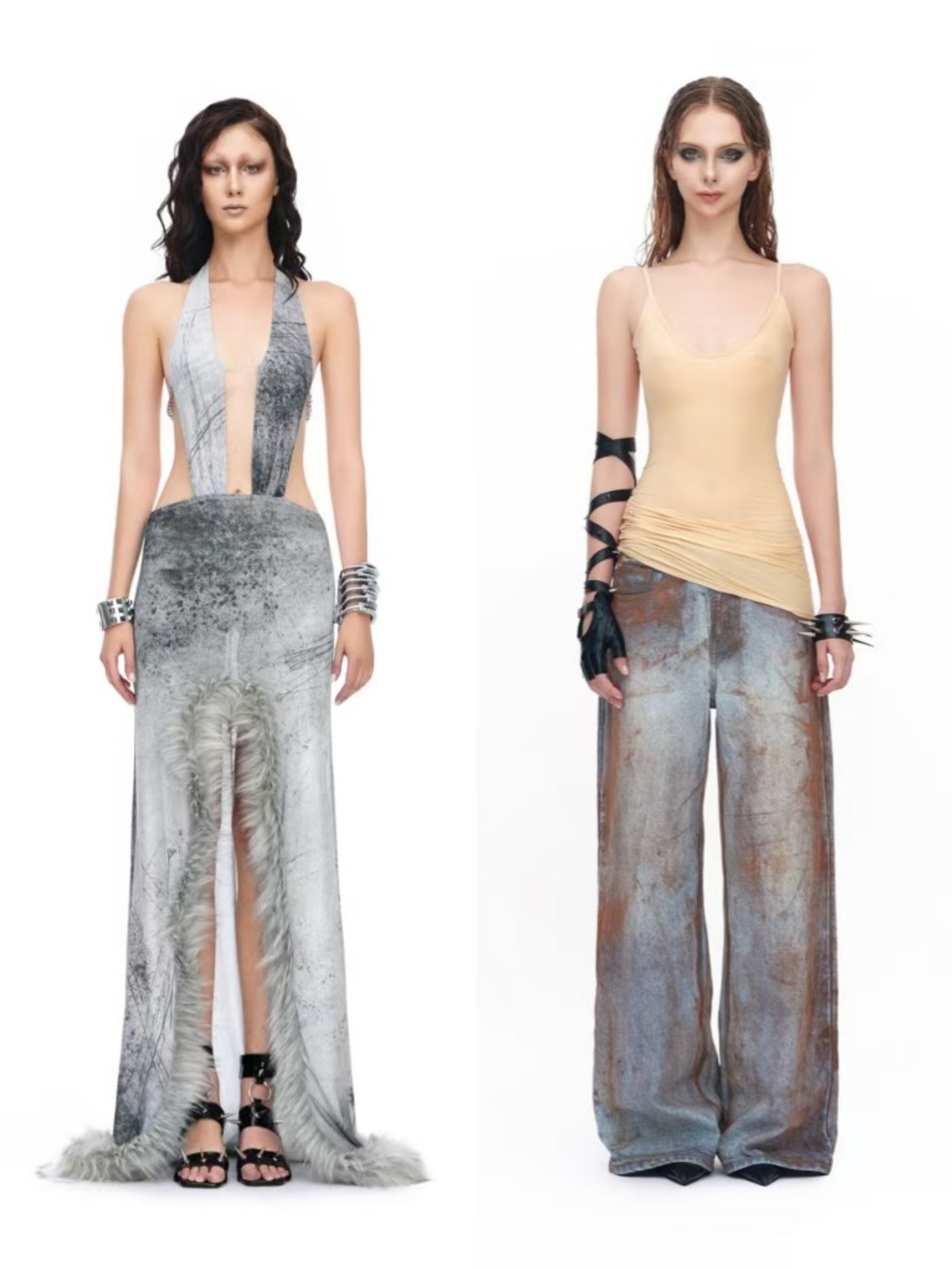 越在线越南小众liniss新款挂脖露背毛毛长裙/吊带背心休闲裤套装