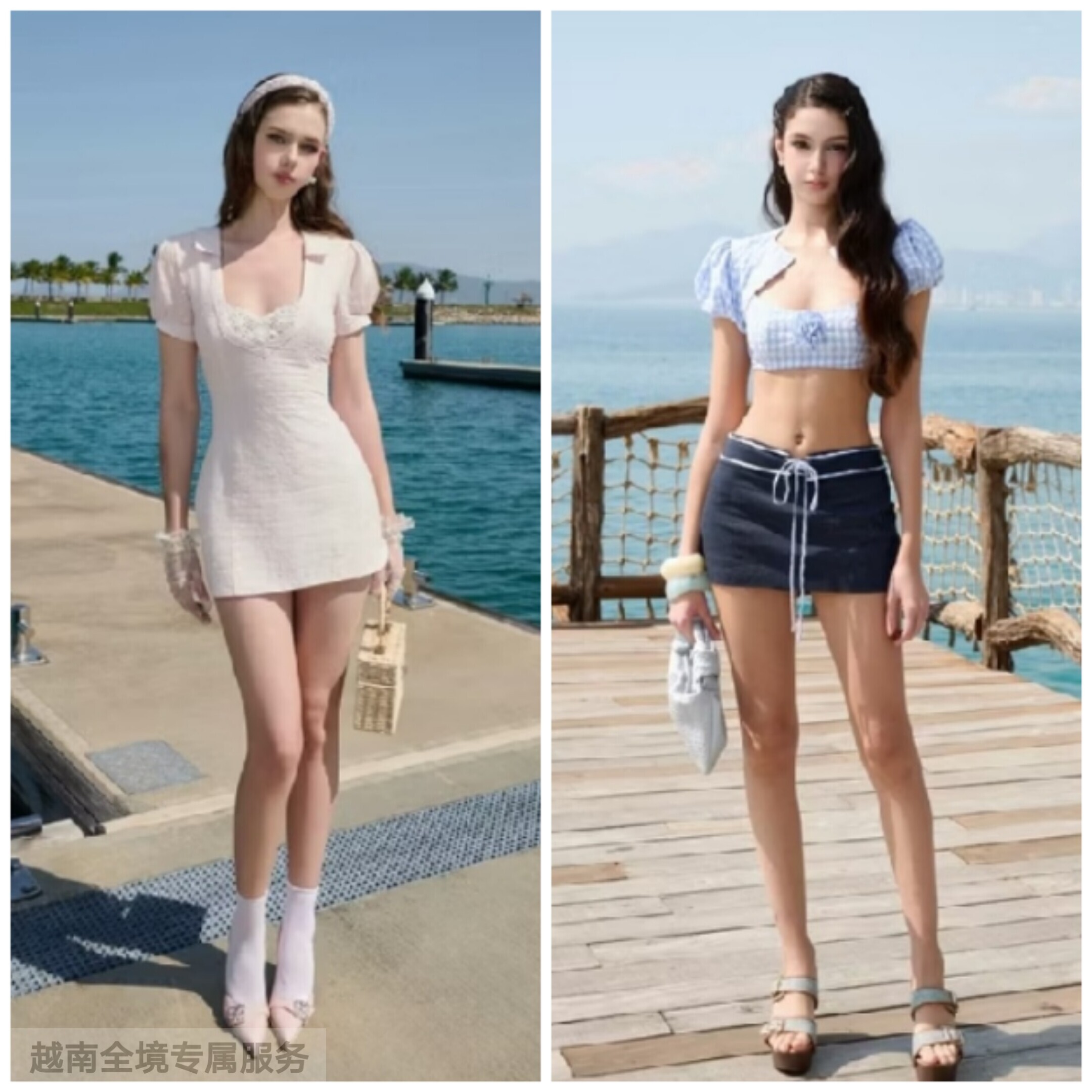 越在线越南小众Ameliee泡泡袖外搭吊带半裙套装+方领包臀短连衣裙