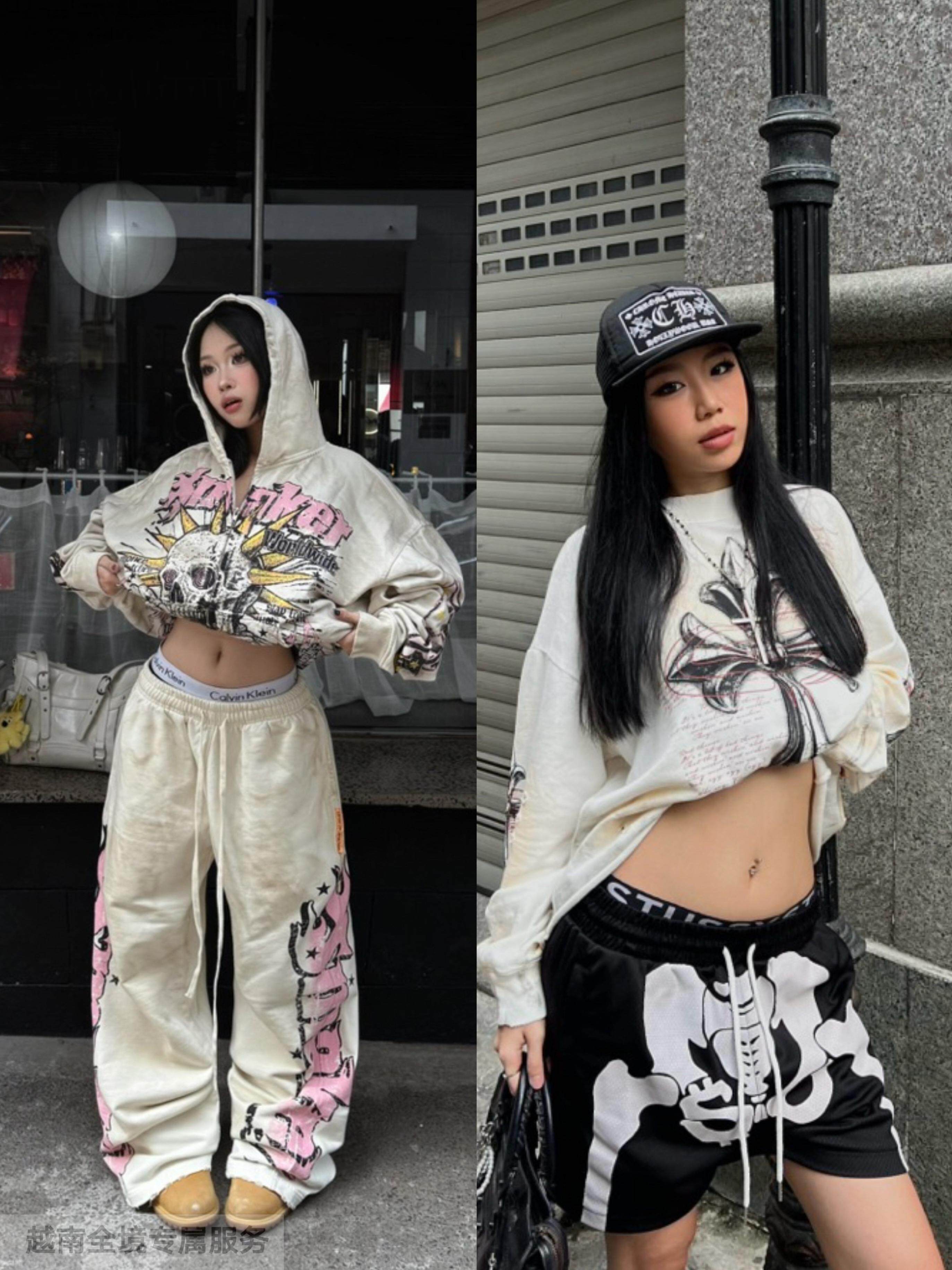 越在线越南小众smaker新款简约印花连帽卫衣/阔腿短裤/长裤套装