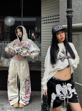 越在线越南小众smaker新款简约印花连帽卫衣/阔腿短裤/长裤套装