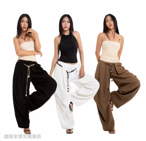 越在线越南小众lithe新款纯色百搭抽绳系带背心+松紧腰阔腿裤套装