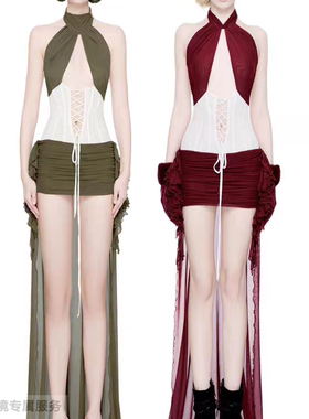 越在线越南小众doublebizz性感辣妹挂脖系带收腰露背修身飘带短裙