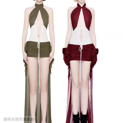 越在线越南小众doublebizz性感辣妹挂脖系带收腰露背修身飘带短裙