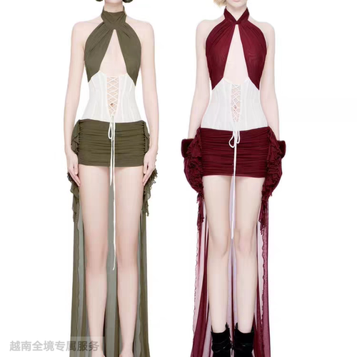 越在线越南小众doublebizz性感辣妹挂脖系带收腰露背修身飘带短裙