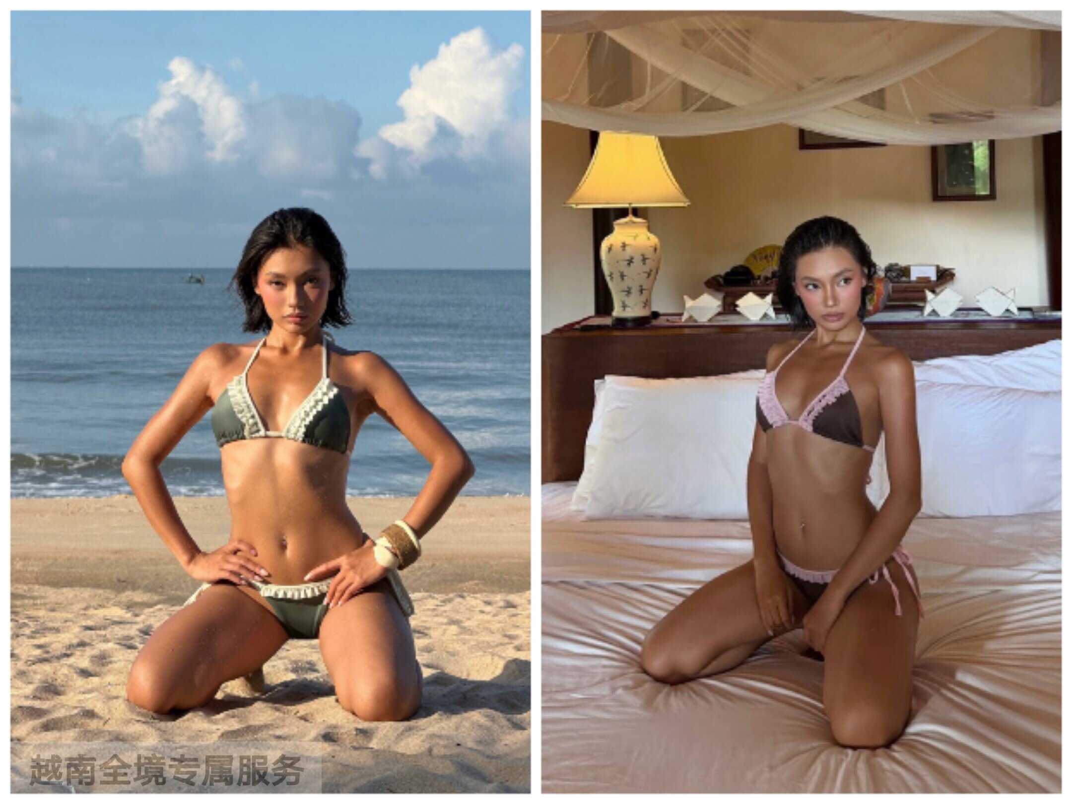 越在线越南小众powr新款性感花边分体泳衣泳装抽绳绑带比基尼