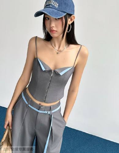 越在线越南小众品牌Hoo简约时尚小吊带拉链上衣宽松阔腿裤套装