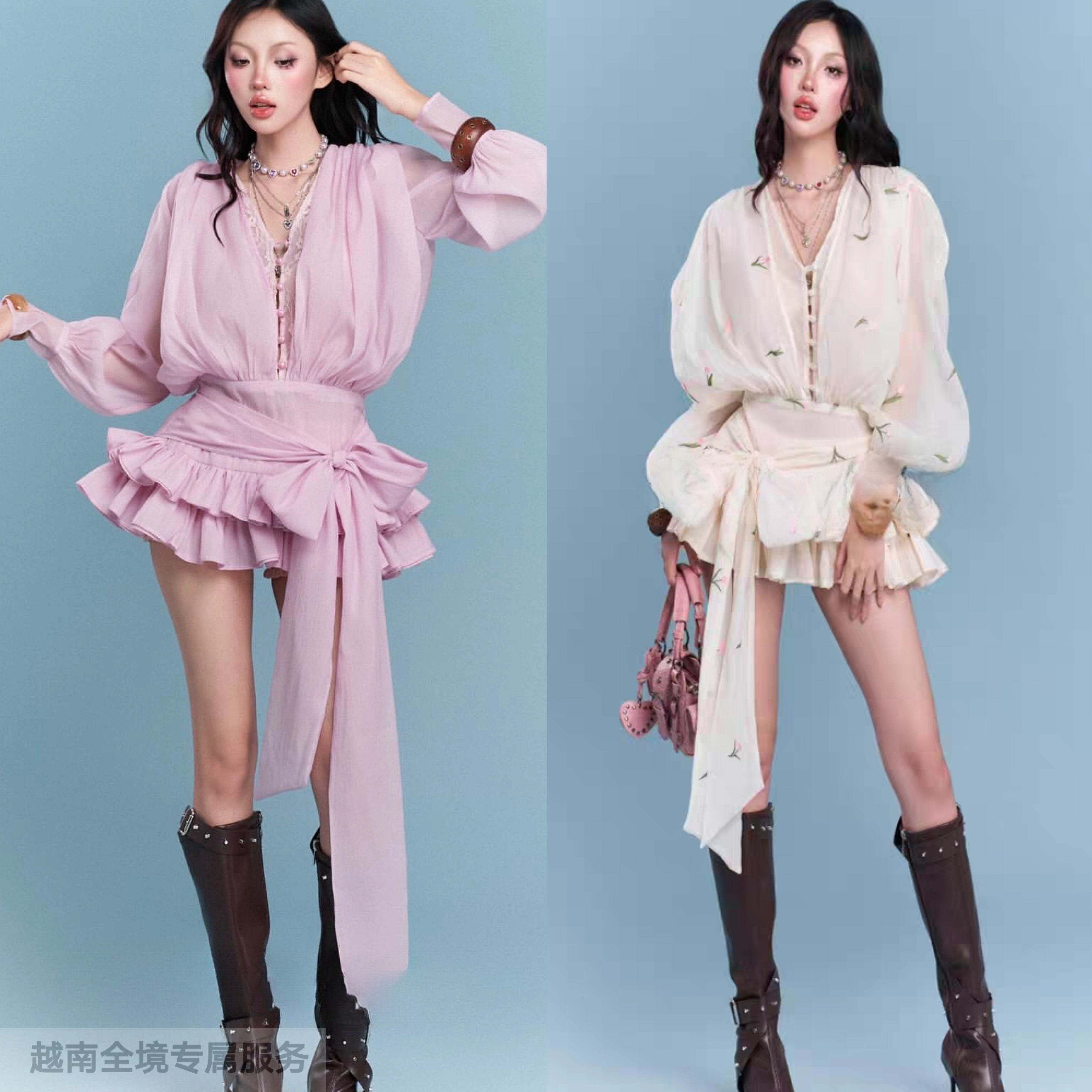 越在线越南小众chan新款性感时尚气质长袖上衣系带蛋糕蓬蓬裙