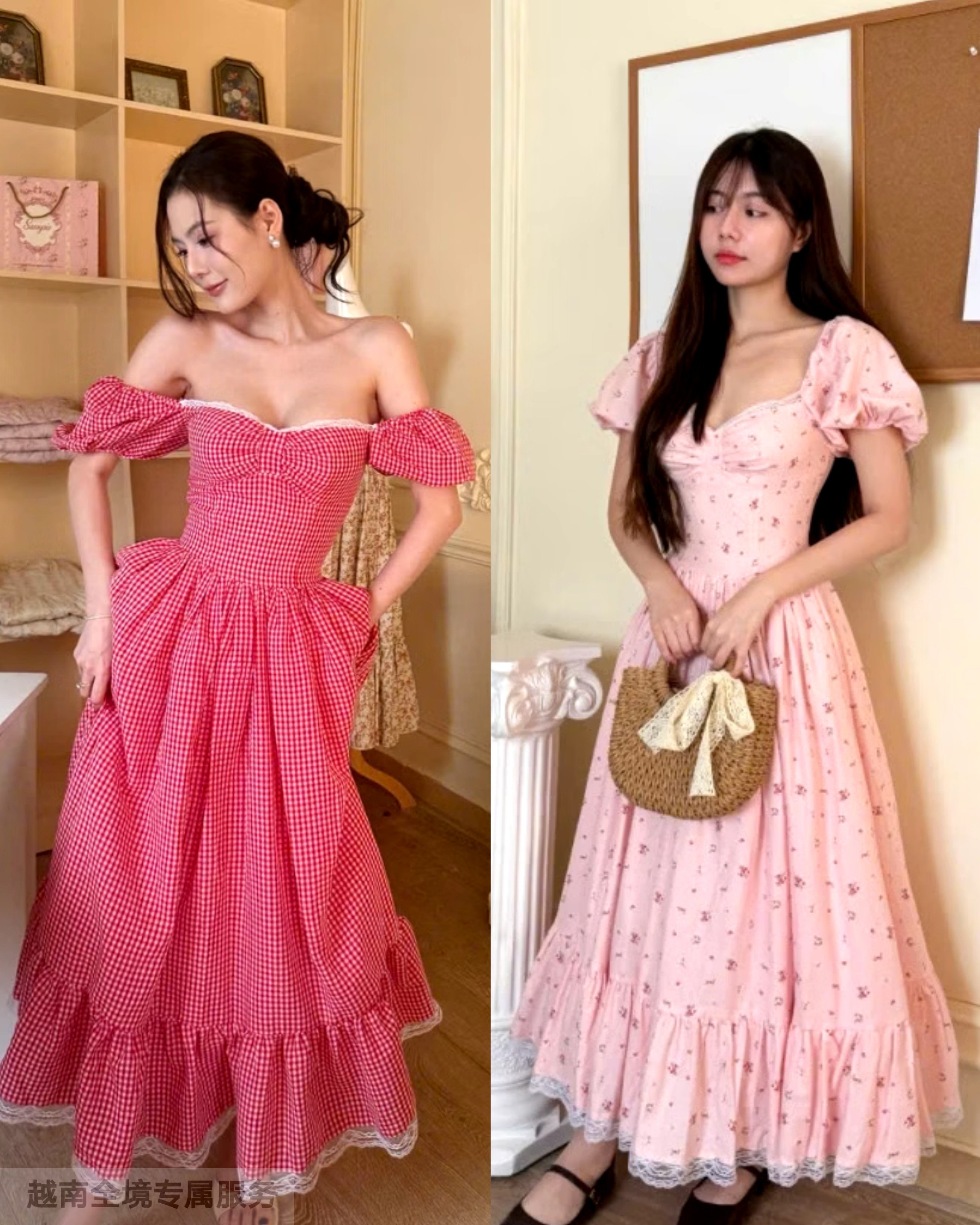 越在线越南小众sassysis新款泡泡袖格子/粉色公主长裙连衣裙