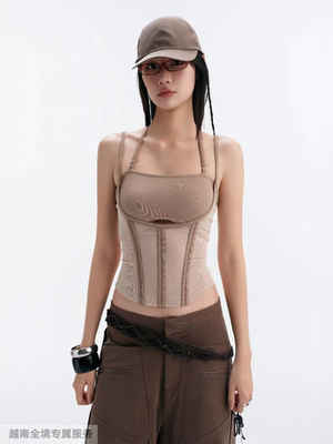 越在线越南小众bunnyhill性感拼接鱼骨吊带背心休闲阔腿裤套装