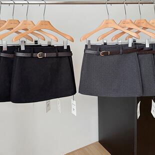 25秋冬百搭灰色毛呢半身裙女新款高腰显瘦磨毛西装a字短裙配腰带
