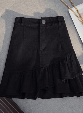 不规则荷叶边半身裙2025夏高腰a字包臀显瘦白色牛仔短裙女小个子