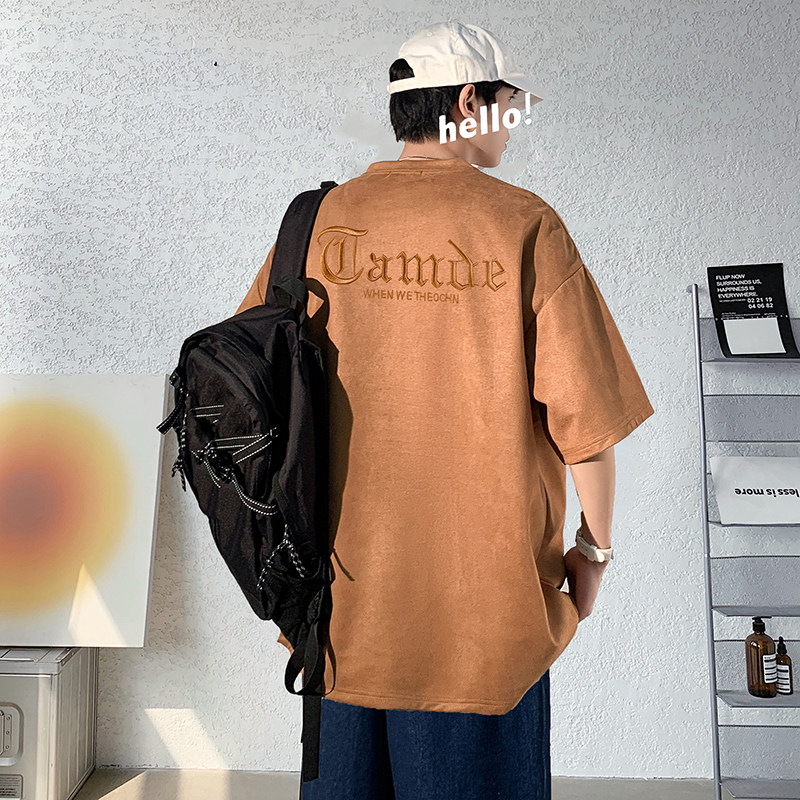 夏季大码高克重重磅刺绣宽松oversize麂皮绒短袖T恤男加大码胖子图片