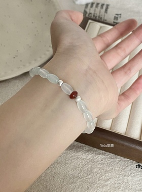 Yelu原创冰种巴山翡翠玉石红玛瑙银手链女椭圆串珠手串新中式饰品