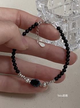 Yelu原创黑玛瑙s925银天然石捷克珠复古黑色简约百搭串珠手链女