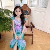 小美人鱼公主裙爱丽儿女童连衣裙儿童鱼尾长裙夏季 纯棉宝宝衣服装