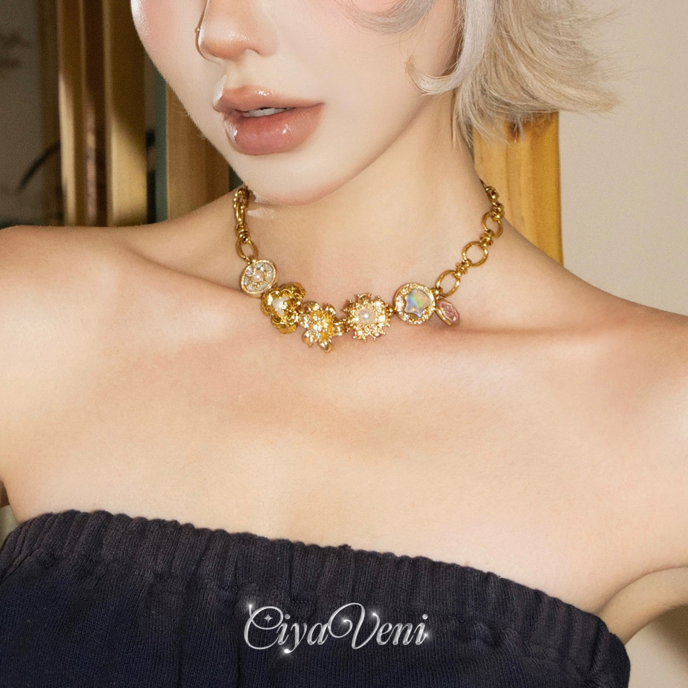 CIYAVENI原创设计镶钻珍珠巴洛克玫瑰金色小众轻奢高级感锁骨链