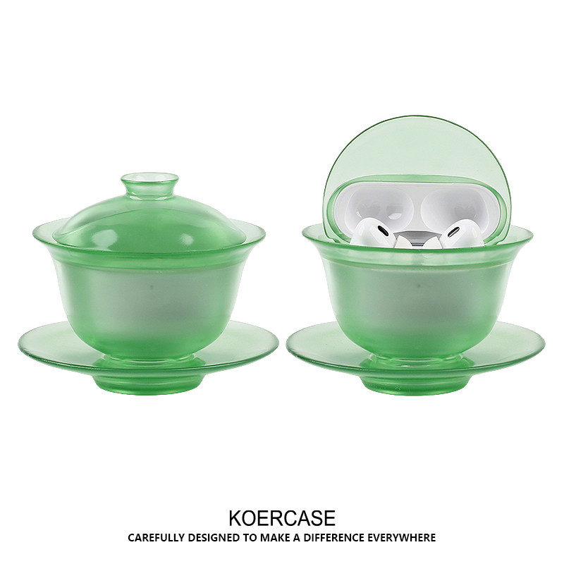 翡翠色绿色透明茶碗新中式国风耳机壳原创意设计桌面摆件礼物适用苹果耳机AirPods4代新Pro1/2代pro3代保护壳