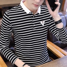 纯棉衣服青年上衣衬衫 t恤条纹大码 领保罗衫 翻领丅恤男士 春装 长袖