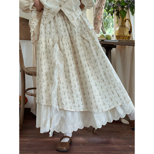 森系日系森女重工刺绣松紧腰中长款 A字甜美女裙半身裙春蕾丝飘带