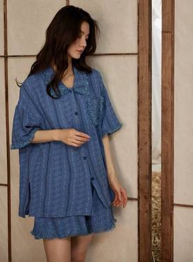 夏季蓝色带胸垫一体睡衣女薄款凉感简约高级感家居服套装可外穿