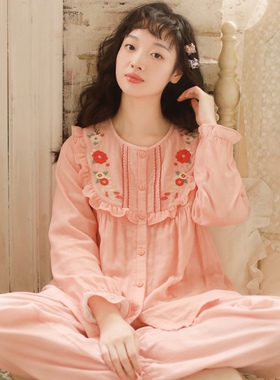 100%纯棉睡衣女春秋纱布长袖长裤两件套日系甜美刺绣全棉家居服