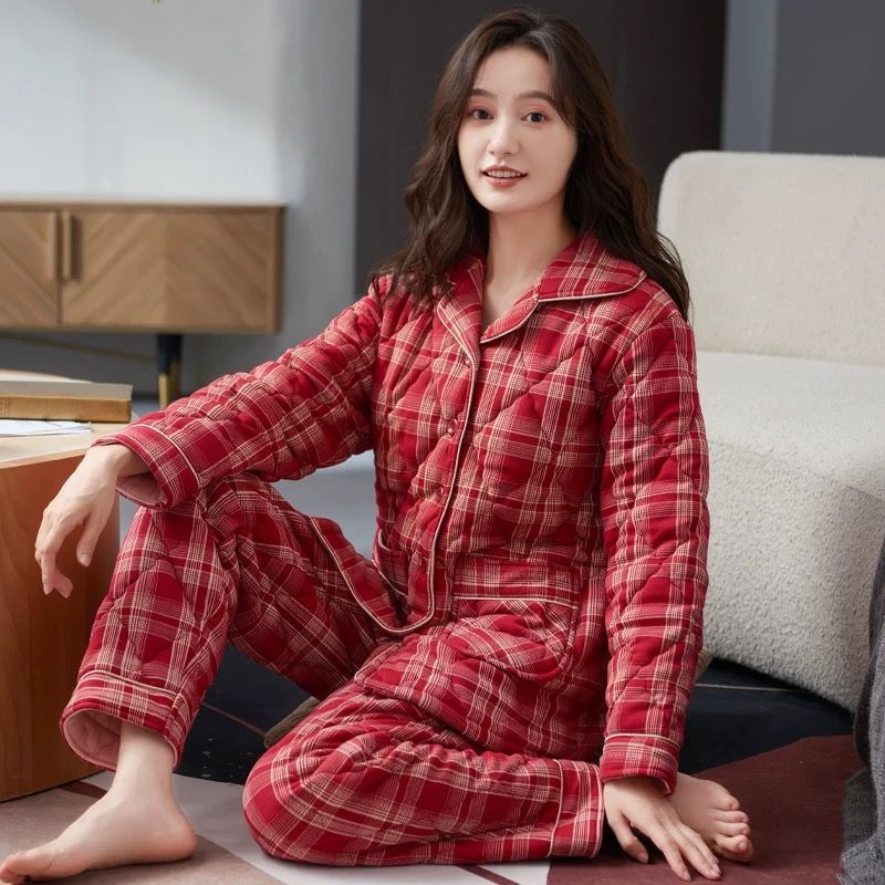 三层加厚夹棉袄新款红色格子睡衣女冬季保暖可外穿女士家居服套装