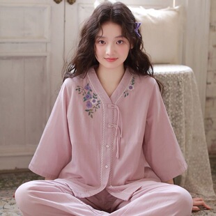 新中式春夏新款甜美刺绣七分袖薄款女士睡衣可外穿开衫家居服套装