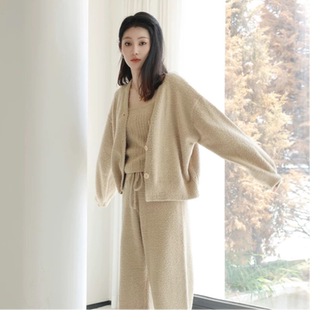 日系半边绒睡衣女秋冬季加绒加厚网红风高级感可外穿家居服三件套