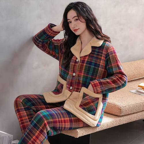 冬天保暖厚款翻领格纹开衫睡衣女士三层加厚加绒夹棉袄家居服套装