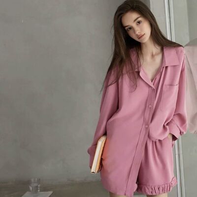 2025夏季新款长袖短裤睡衣女春夏时尚设计感开衫可外穿纯色家居服