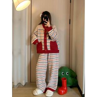 秋冬季保暖加厚加绒半边绒睡衣女冬天新款珊瑚绒可外穿条纹家居服
