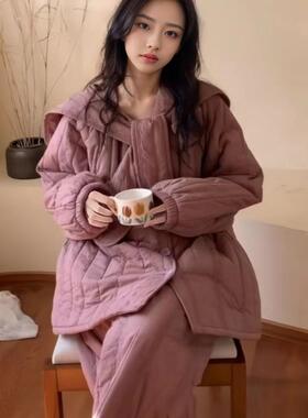 红色格子开衫保暖加厚加绒夹棉长袖睡衣女秋冬季厚款家居服