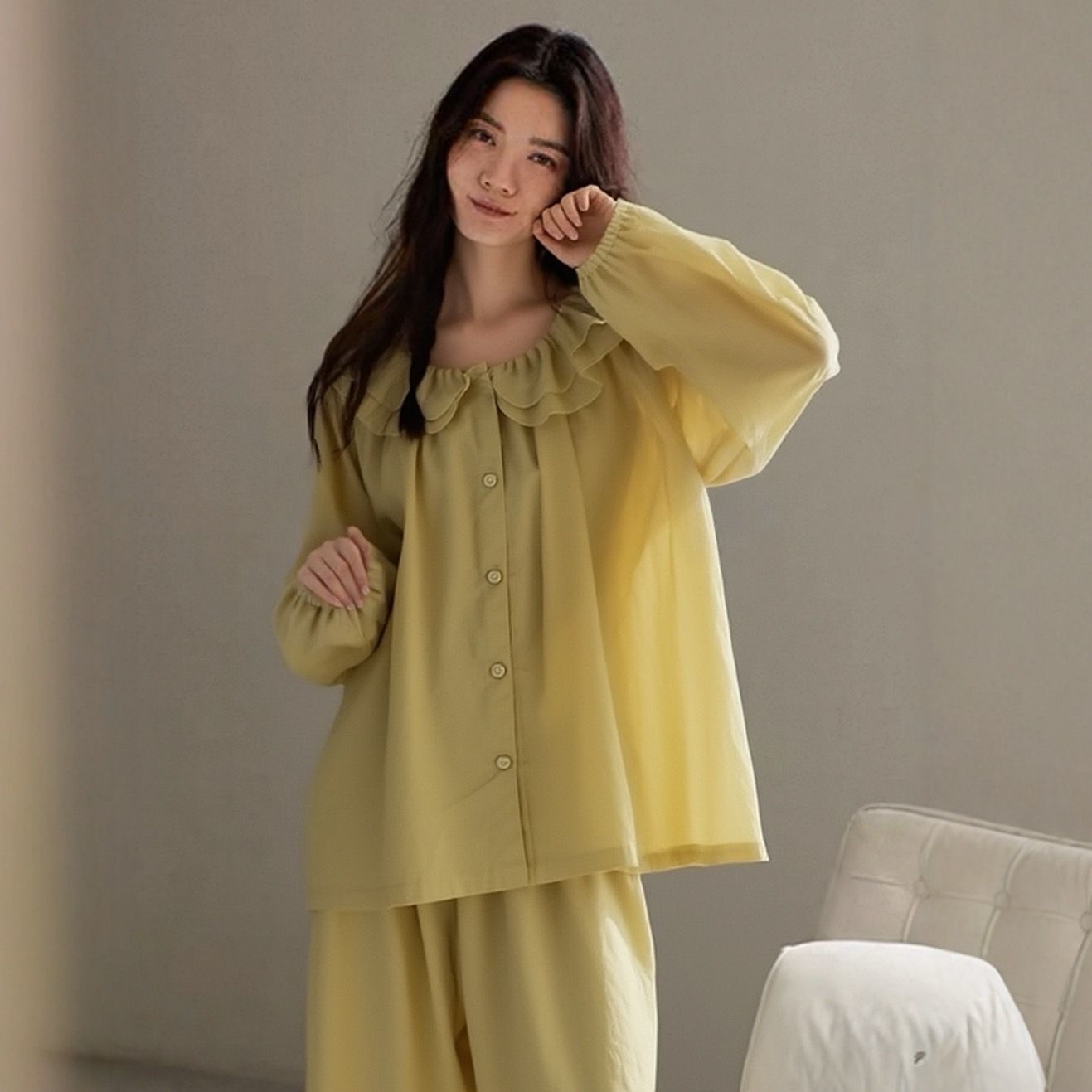 新款法式复古风娃娃领开衫纯棉长袖长裤睡衣女士气质家居服可外穿