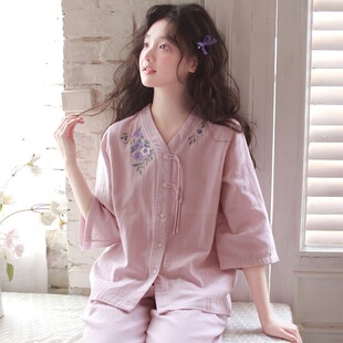 睡衣女春秋新款国风V领开衫甜美绣花七分袖家居服薄款套装可外穿