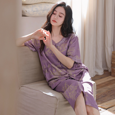 新款法式轻奢风紫色花边纯棉半袖睡衣女夏天薄款可外穿家居服套装