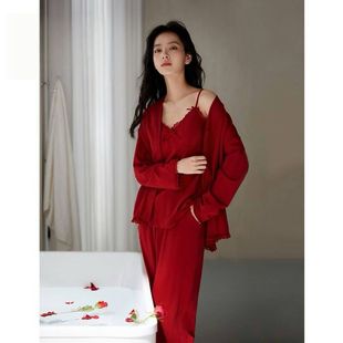 带胸垫吊带长袖三件套睡衣女2025本命年大红色喜庆结婚新婚家居服