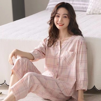 年夏季薄款纯棉睡衣女七分袖七分裤全棉格子可外穿套装家居服
