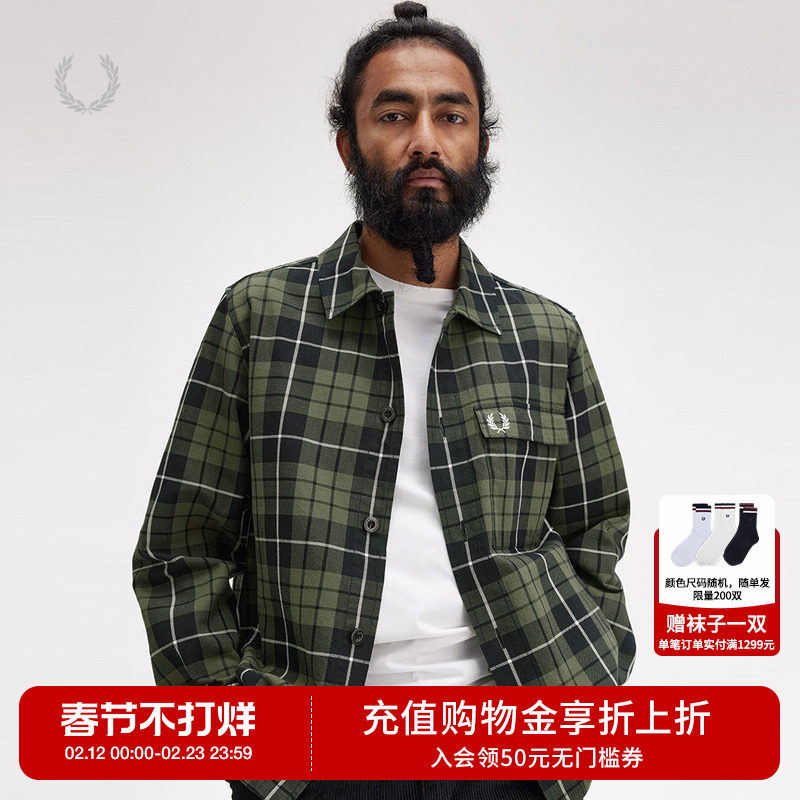 FRED PERRY男士长袖衬衫冬季英伦商务宽松休闲格子麦穗刺绣M8515