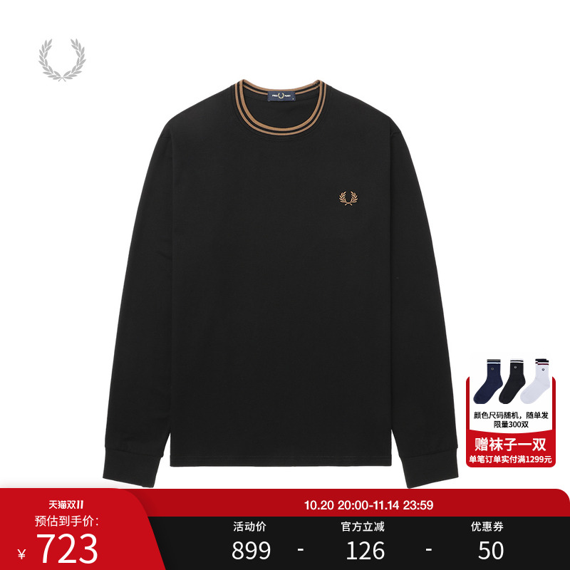 FRED PERRY男士休闲T恤2025秋冬条纹圆领套头麦穗刺绣长袖潮M9602