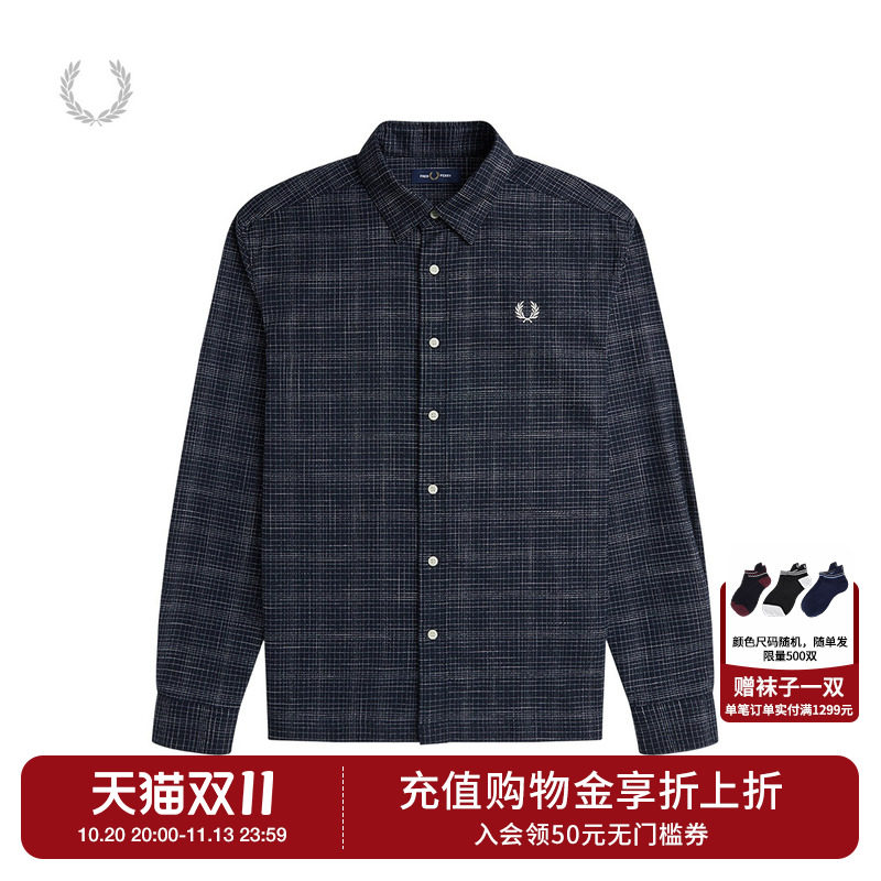 FRED PERRY男装格纹长袖衬衫2026秋冬新款复古英伦风通勤格子上衣