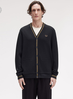 FRED PERRY男士休闲针织衫2025冬季宽松条纹V领开衫麦穗长袖M2654