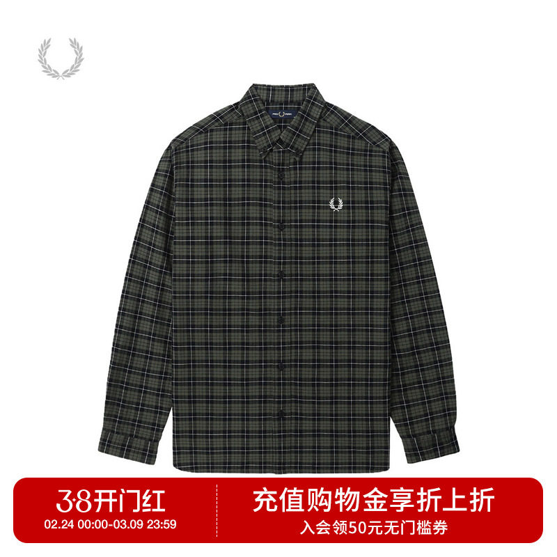 FRED PERRY男士休闲衬衫冬季英伦宽松长袖格子麦穗刺绣衬衣M8504