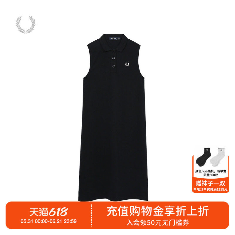 FRED PERRY休闲连衣裙女夏季新款无袖麦穗刺绣修身裙潮D9181